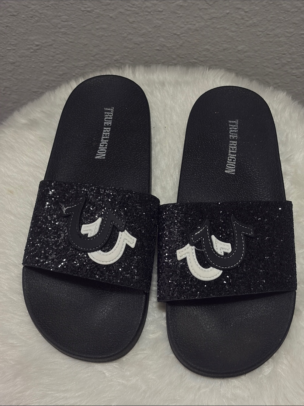 True Religion glitter slide sandals